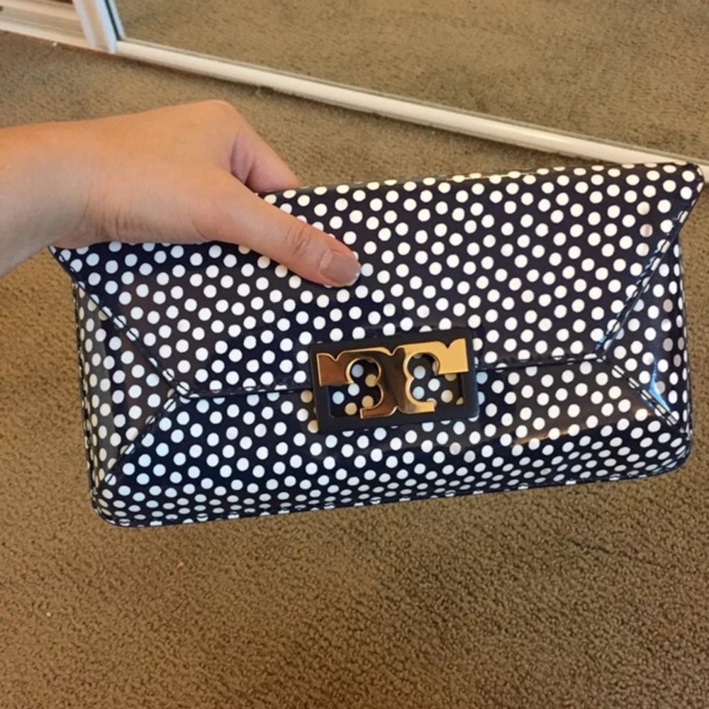 Tory Burch Gigi Patent Polka dot clutch